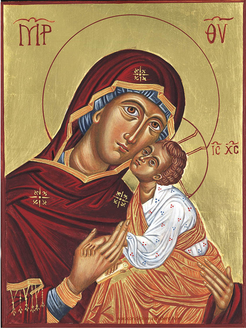 Icon painted on birch ply of Virgin and Child