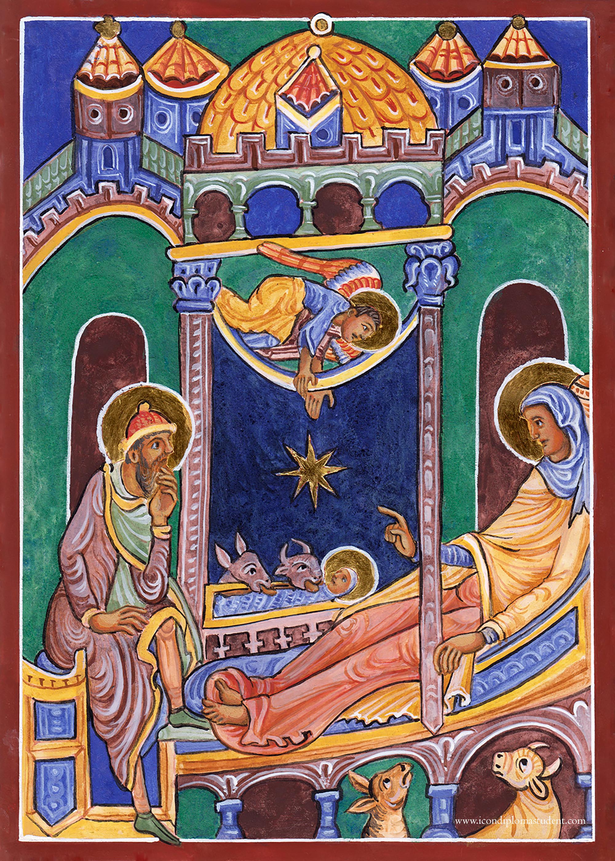 HAnd painted icon of the Nativity in egg tempera and natural earth and mineral pigments, based on an image  from the 12th century St Albans Psalter